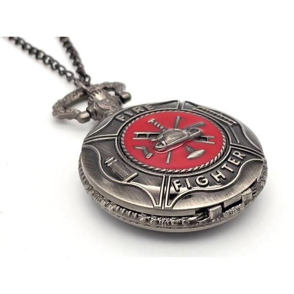 Firefighter Pocket Watch – Vintage Look Silver Red Fireman Gift First Responder - Picture 5 of 10
